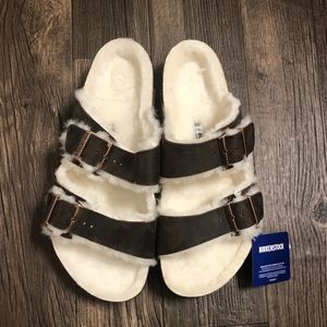 New Birkenstock Arizona Habana Brown Shearling 45 R Mens 12 Sandals Slip Ons